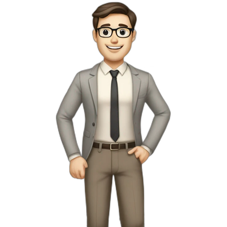 Pale skinned fit man with dark brown hair in gray jacket, beige office shirt, brown tie, brown pants and vintage glasses Writing text on the flipchart emoji