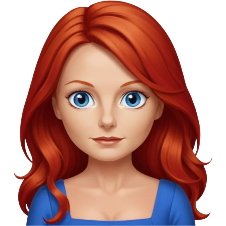 Geri Halliwel with long red hair, blue eyes, red outfit emoji