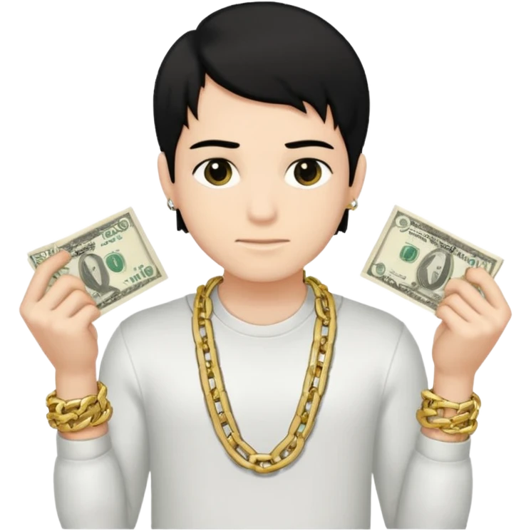 Has un chico con mucha plata en sus manos y en su alrededor, Con una chain que diga "JovenBallin" y que tenga pelo negro y sea piel blanca emoji