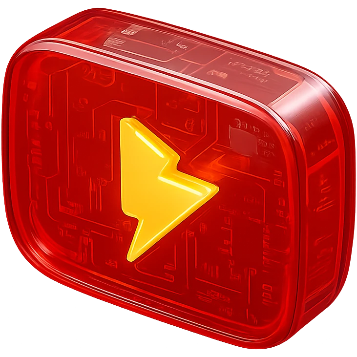 YouTube logo centered on red background with a yellow lightning bolt inside, glossy circuit style emoji