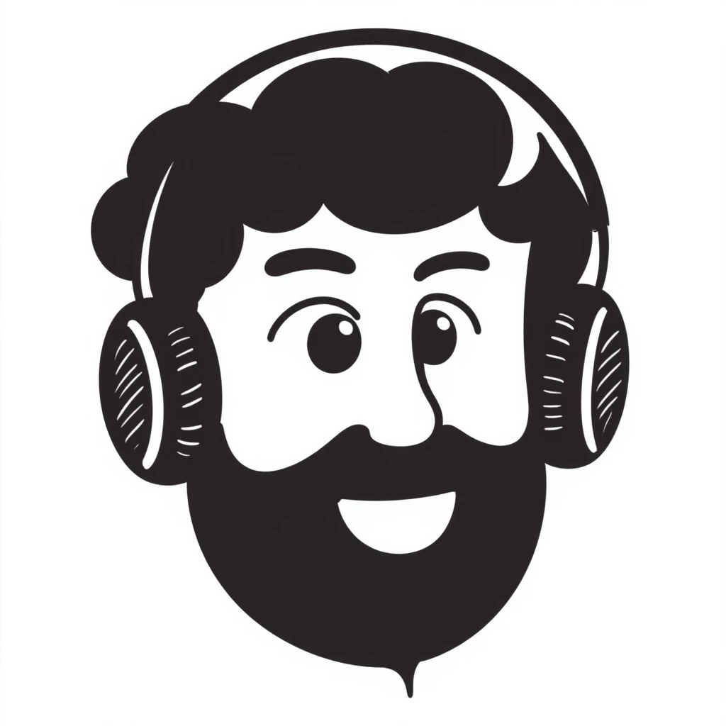 A person with black hair, brown eyes, black beard wearing gaming headphones, saying "Bonjour!" emoji