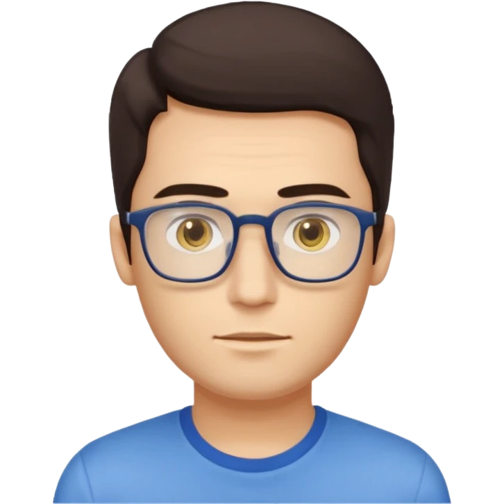 a young man around 30 years old, dark brown eyes, with dark brown hair, longer rectangular face, light yellow skin color, small eyes with rectangle shape glasses, without beard, no forehead wrinkles, wear shirt emoji
