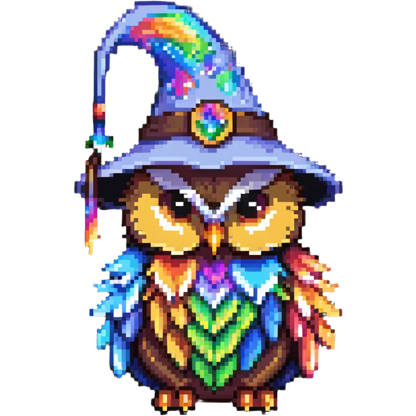Cute owl with rainbow feathers and a wizard hat emoji