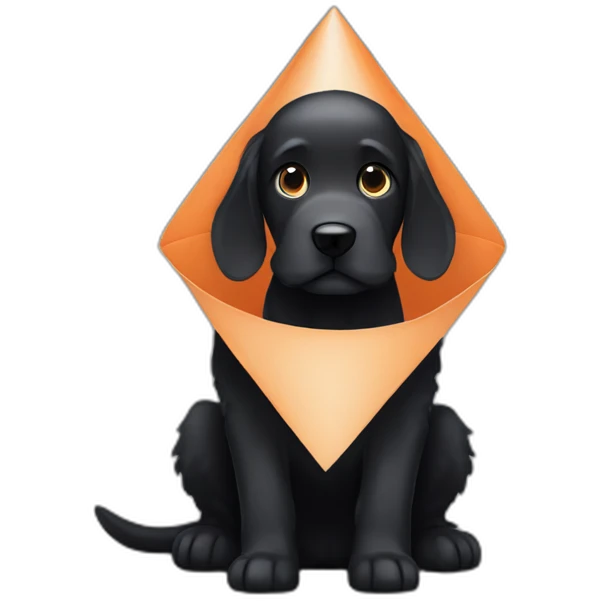 Black doodle dog wearing a cone of shame emoji
