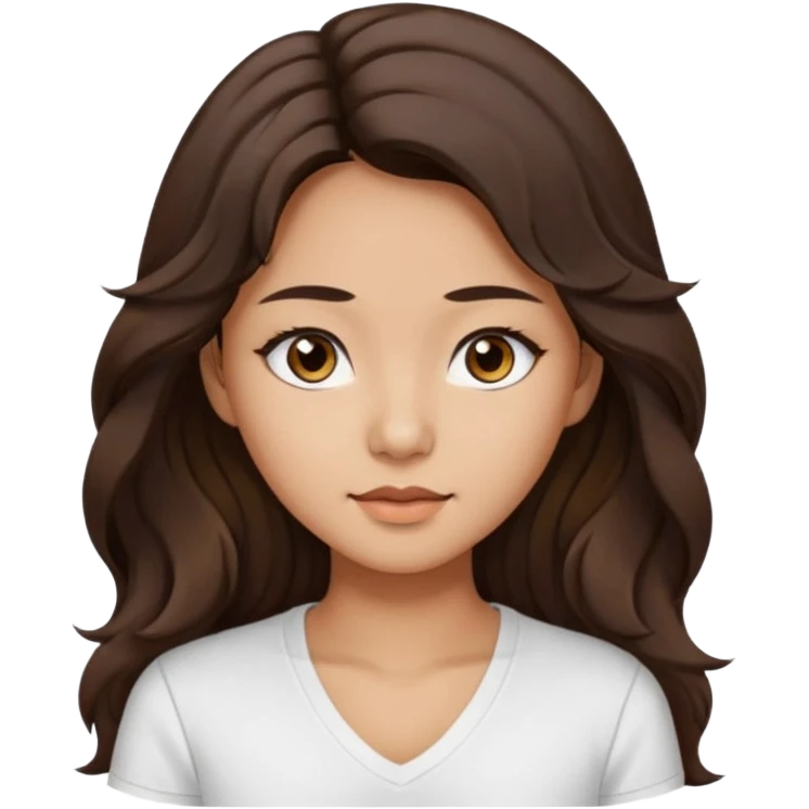 iOS style emoji. A girl with very long dark brown wavy hair. And the eyes color is dark brown. And she is wearing white t shirt with V kneck. And she is 30. She is Asian with double eyelids  emoji