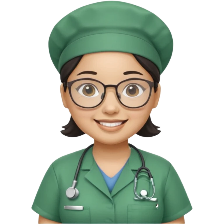 FILIPINA FEMALE NURSE, CHUBBY, NO HAIR, WITH GLASSES, GREEN SCRUBS, AND CAP, SMILING emoji