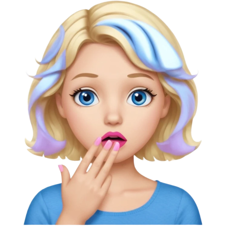 Girl Blonde short wavy hair,  blue eyes, cute blue top, long lashes, pink lips, shocked, hand over the mouth emoji