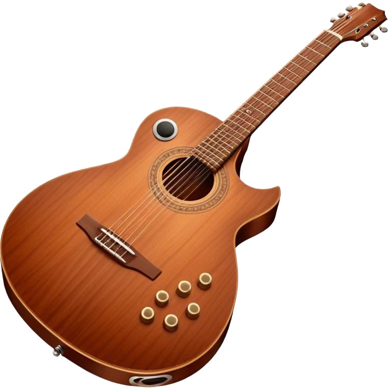 Cinematic Realistic Guitar, smooth mahogany body with intricate wood grain, steel strings reflecting soft light, gentle hand positioning on the fretboard, glowing with warmth and musical soul. emoji