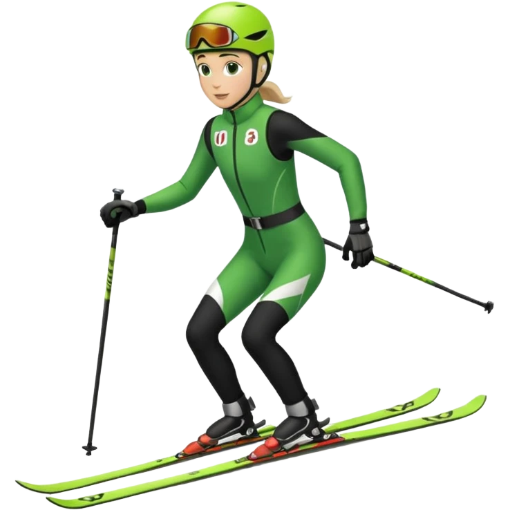 Xc ski racer in green and black clothing. Full body, classic skiing uphill emoji