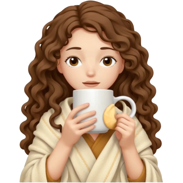 a slender girl with fair skin with long curly brown hair wrapped in a cream blanket in her hands a white mug her face is calm and her eyes are closed emoji