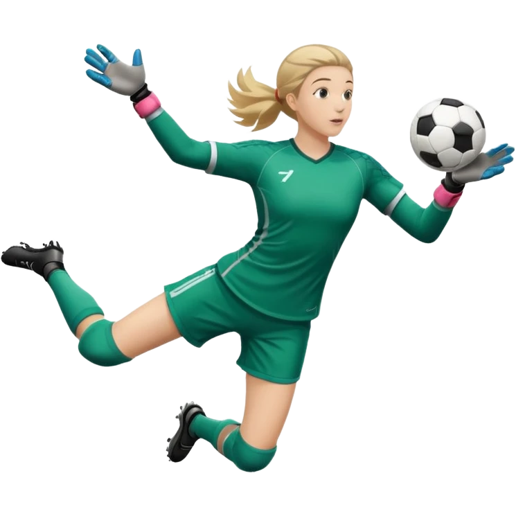 make a girl goalie diving through the air sideways with one soccer ball in her hands  emoji