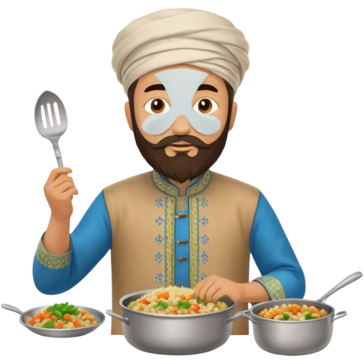 uzbek bearded man with national outfit cooking pilaf emoji