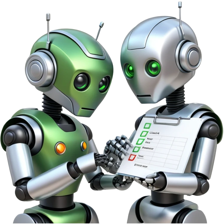 two robot heads, one is checking another robot's work with a checklist and a green checkbox emoji