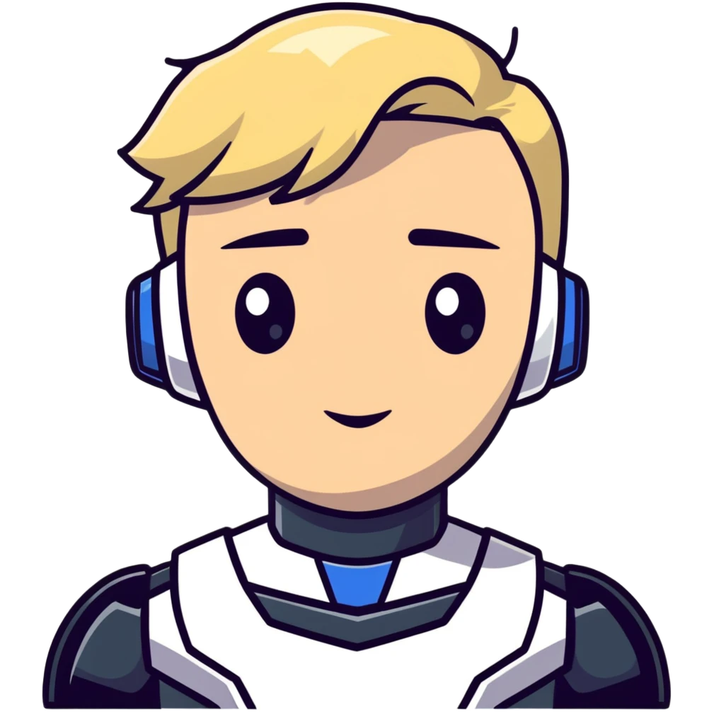 Male robot face with blond hair, sharp features, neutral expression, white collar, futuristic assistant emoji