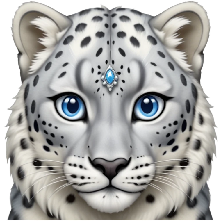 Cinematic-Noble-Snow-Leopard-Portrait-Emoji – Poised and majestic, with a muscular, agile build and a beautifully patterned coat of soft white and grey fur, marked with striking rosettes, deep-set, intelligent icy blue eyes, simplified yet sharp and sophisticated zoomed out showing the shoulders emoji