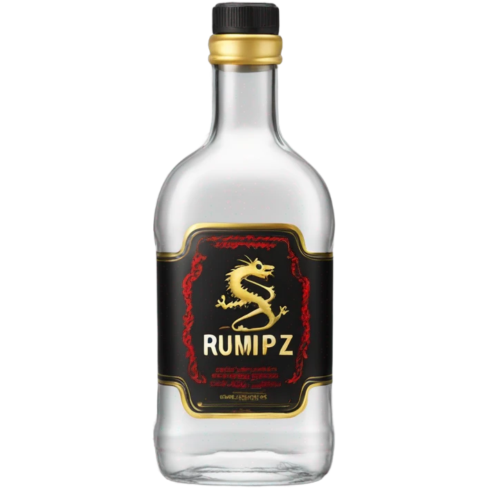 clear bottle of rumpleminze clear alcohol with a label that black with red border and font that has a small gold dragon on the label that says “RUMPZ” emoji