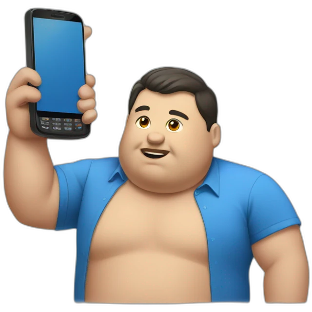 fat man in a blue shirt holding a phone emoji