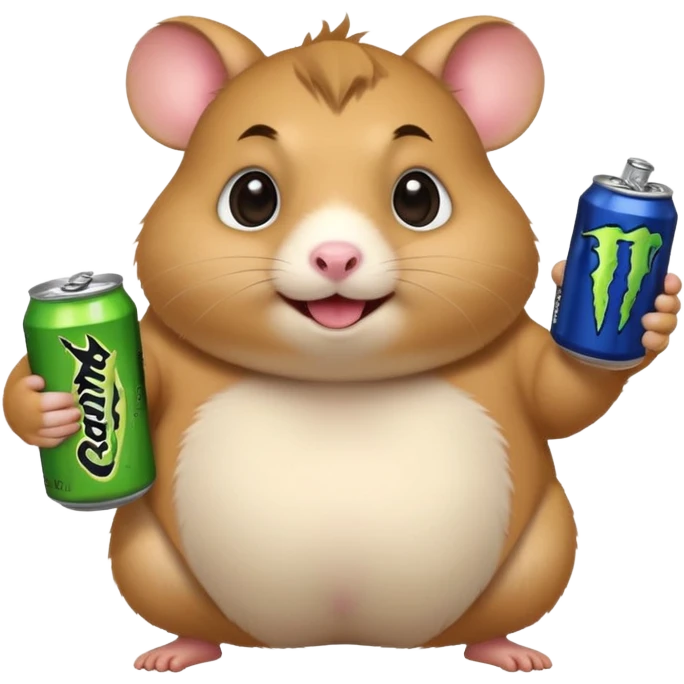 Funny cartoon-style fat hamster with big wide eyes  holding a can of monster energy in one hand and redbull in the other hand emoji
