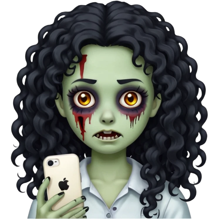 cute zombie girl with long black curly hair and a white streak, creepy face, makeup, iPhone emoji style emoji