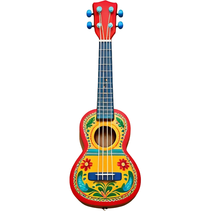Create a vibrant and artistic emoji representing a ukulele with a Mexican design. The ukulele should feature a bright, colorful body with traditional Mexican patterns, such as geometric shapes, floral motifs, or colorful stripes. Use rich, warm tones like red, yellow, green, and blue to give the instrument a lively, festive look. Highlight the wood grain of the ukulele’s neck and fingerboard, and add subtle details like decorative inlays or a small Mexican flag symbol on the body. The strings should be clearly visible, and the instrument should be in a slightly angled position to showcase its unique design. The background should be transparent. emoji