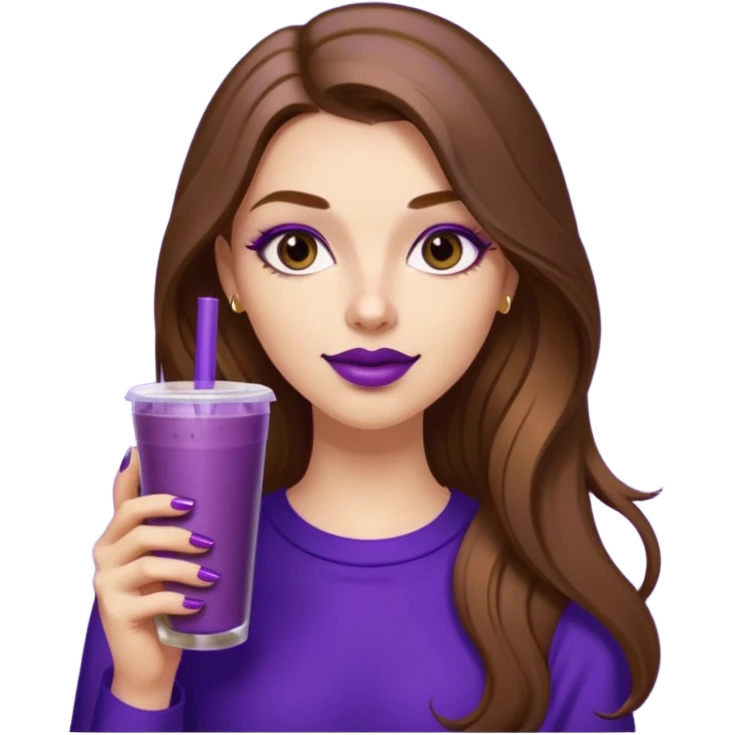 girl with long brown hair, wine lipstick, gold nails, drinking a blueberry butter pecan iced coffee with a purple straw  emoji
