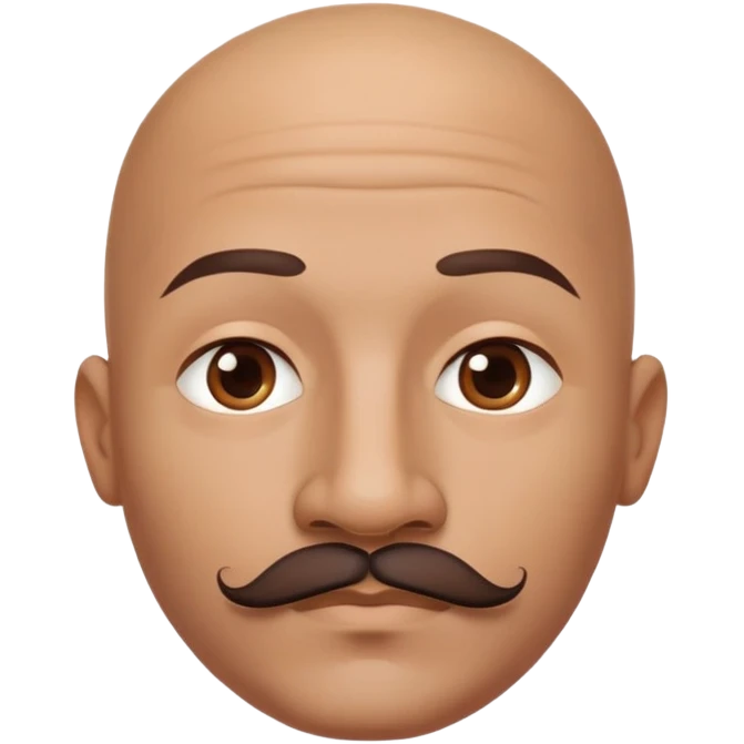 Bald man with oval smooth head, indigenous facial features, 37 years old, with only a mustache and contour from chin to lips, memoji style emoji