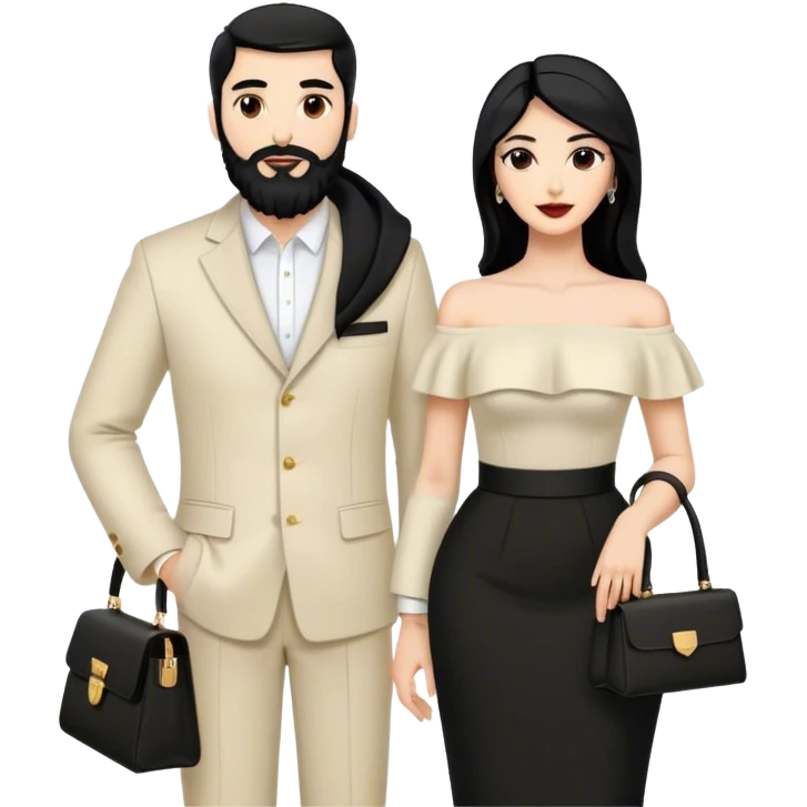 the Lebanese white skinned man with black hair and beard dressed in all black, and the Palestinian woman in an elegant off-shoulder cream-colored outfit with a handbag. emoji