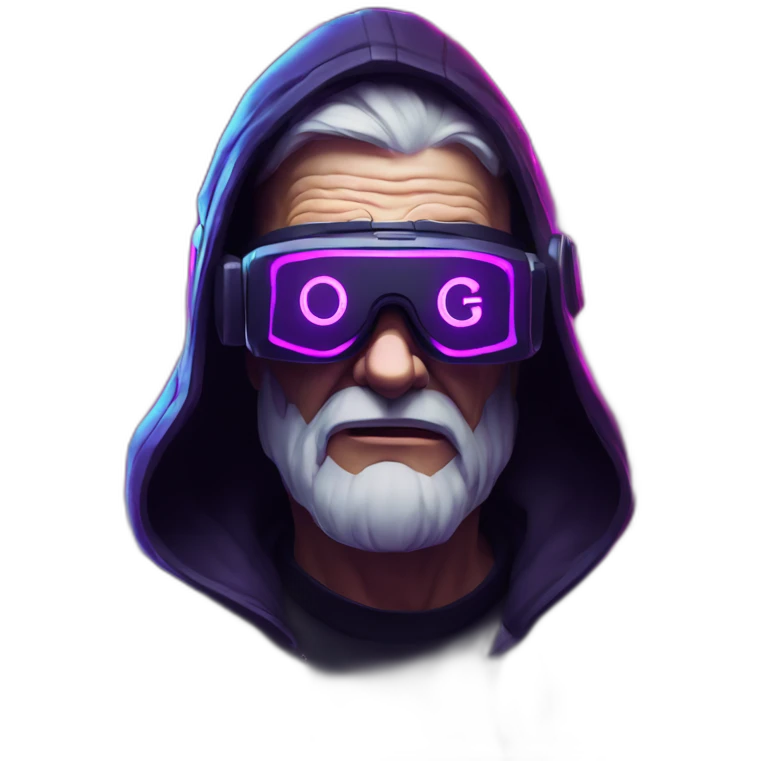 Russian old man wearing a black hoodie with "OMG" letters on it and VR headset in a cyberpunk VR environment with violet neon lighting. emoji