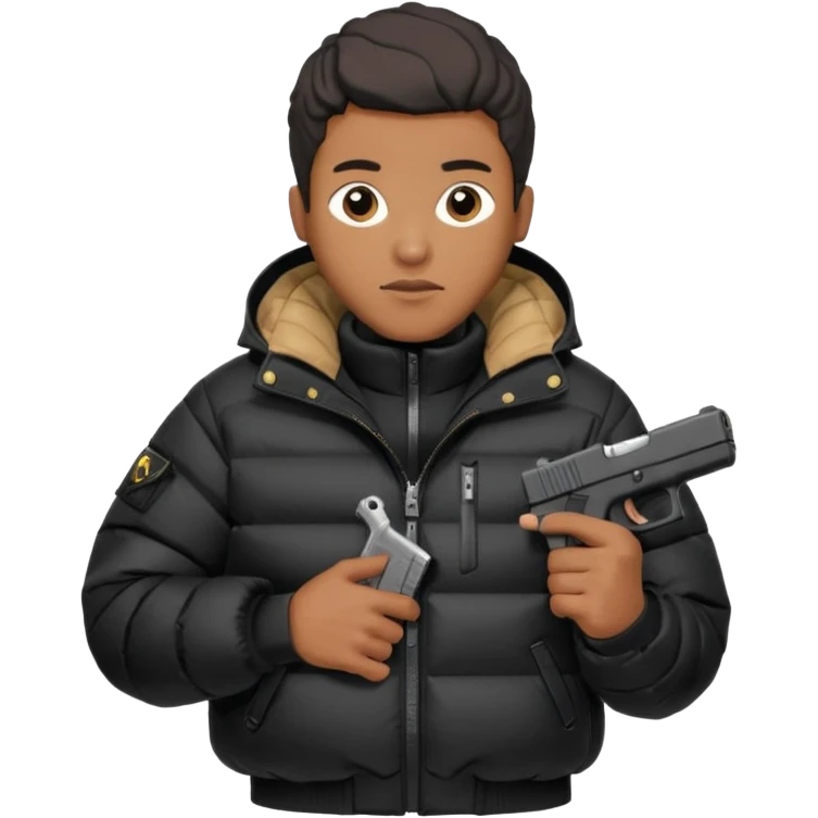 african american wearing a black puffer jacket with the hood on and holding a glock 26 emoji