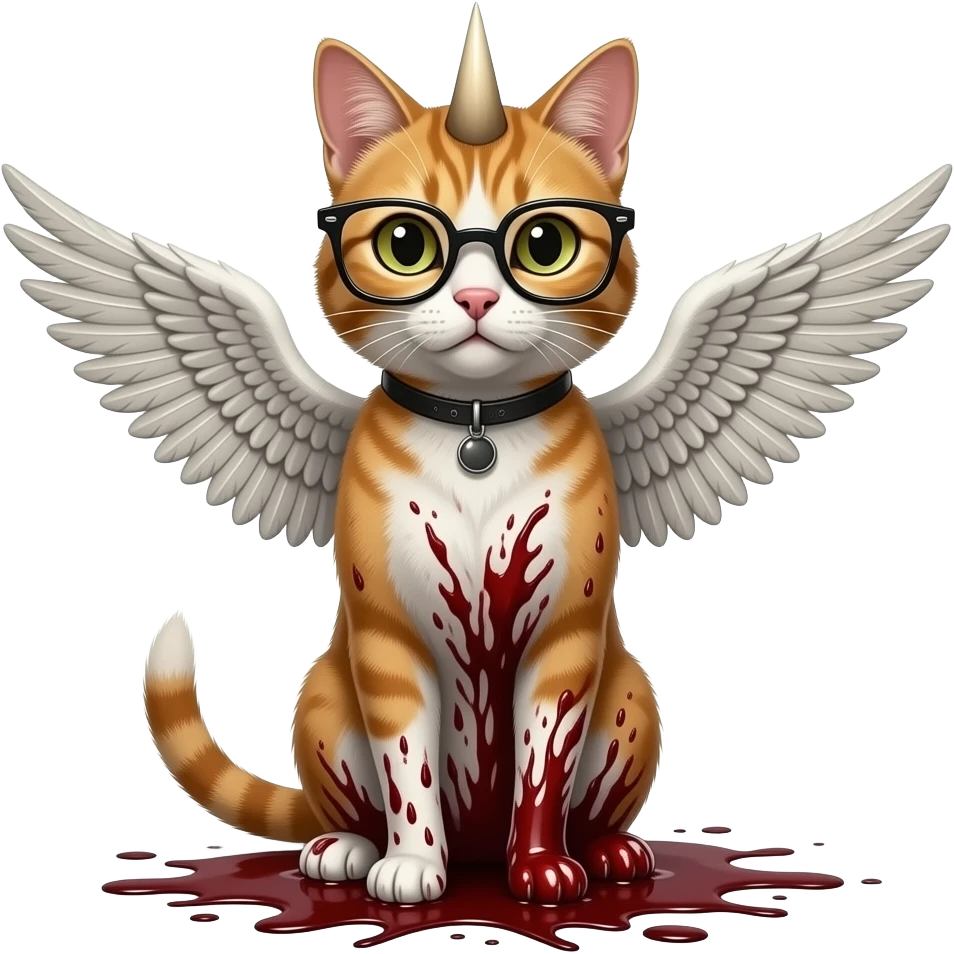 Faça um gato com óculos com Asa e com metade do corpo de cachorro e com chifres e com um rabo grandão com o corpo cheio de sangue emoji
