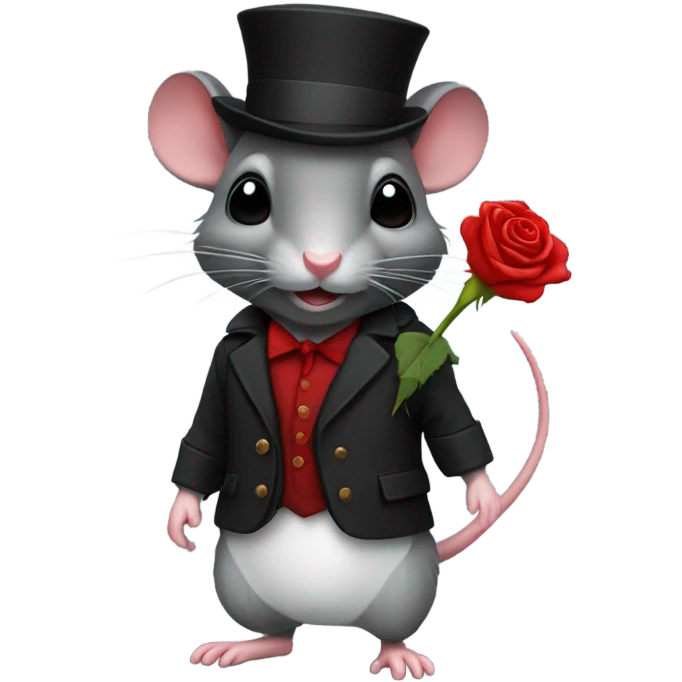 un rat noir avec une rose rouge sur le costume emoji