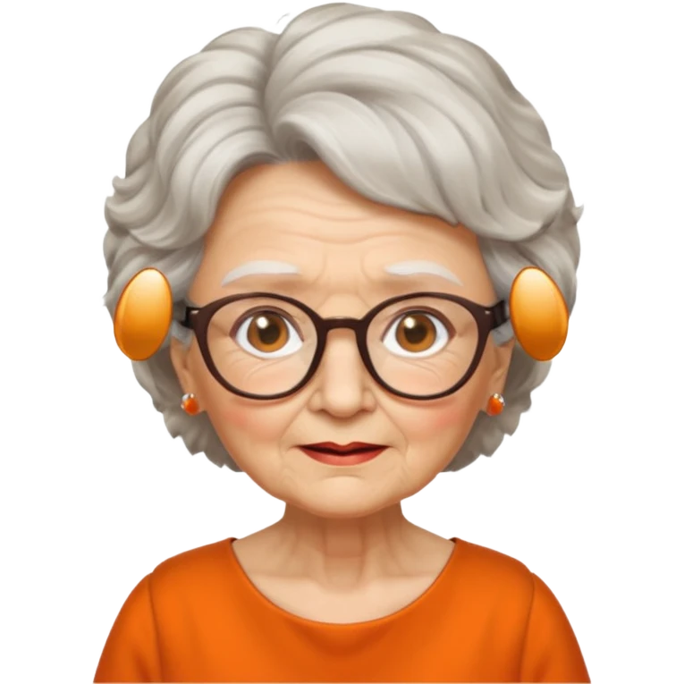 OLD LADY IN KITCHEN OUTFIT ORANGE DRESS, GLASSES. WHITE HAIR , AOROM BUSHY HAIR emoji