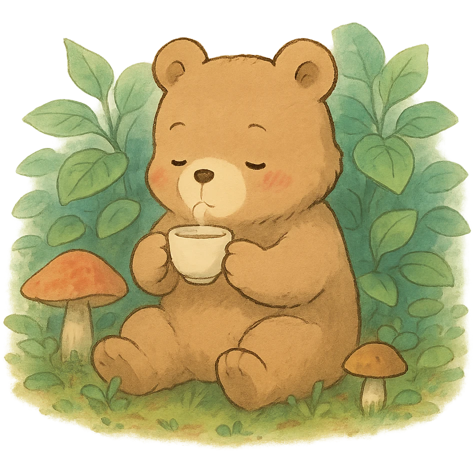 little bear sipping tea in the forest, surrounded by leaves and mushrooms, soft Ghibli style emoji