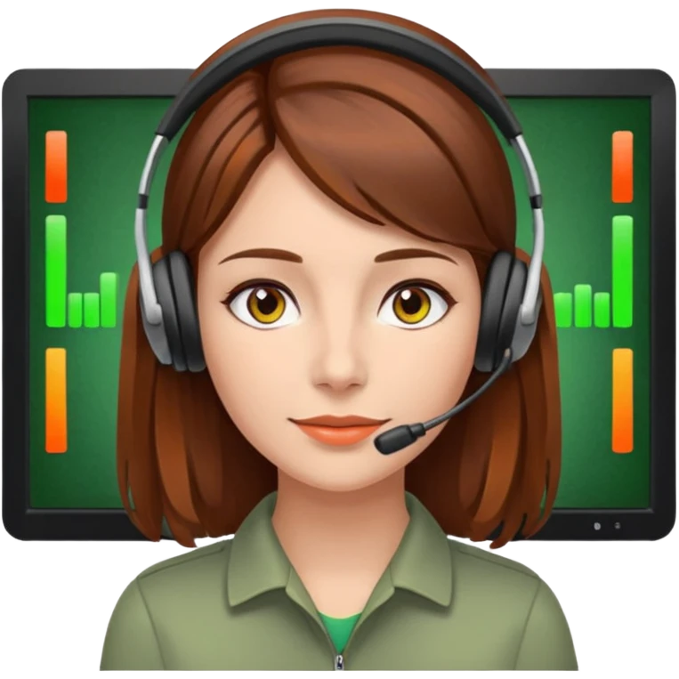 woman, brown hair, middle european, wearing a headset. she is controling limits on screen: green = ok, orange = bald überschritten, re = limite überschritten emoji