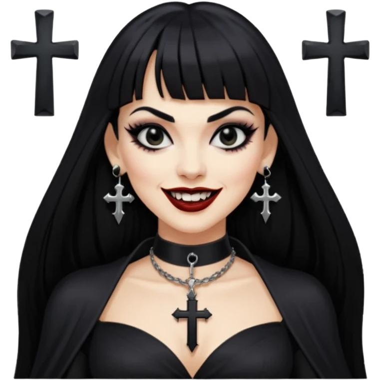 vampira com cabelo preto longo e liso e franja, olhos pretos, brincos em formato de cruz, choker em formato de cruz, roupa preta com decote, batom preto e sorrindo mostrando as presas de vampira emoji