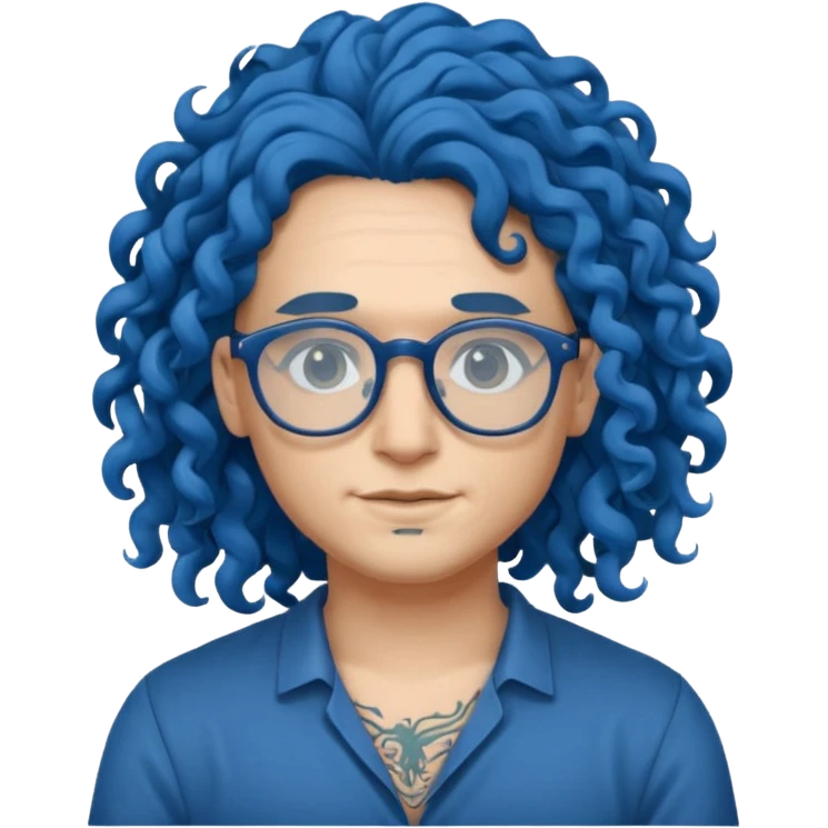 blue hair long curly, tattooes and glassress emoji