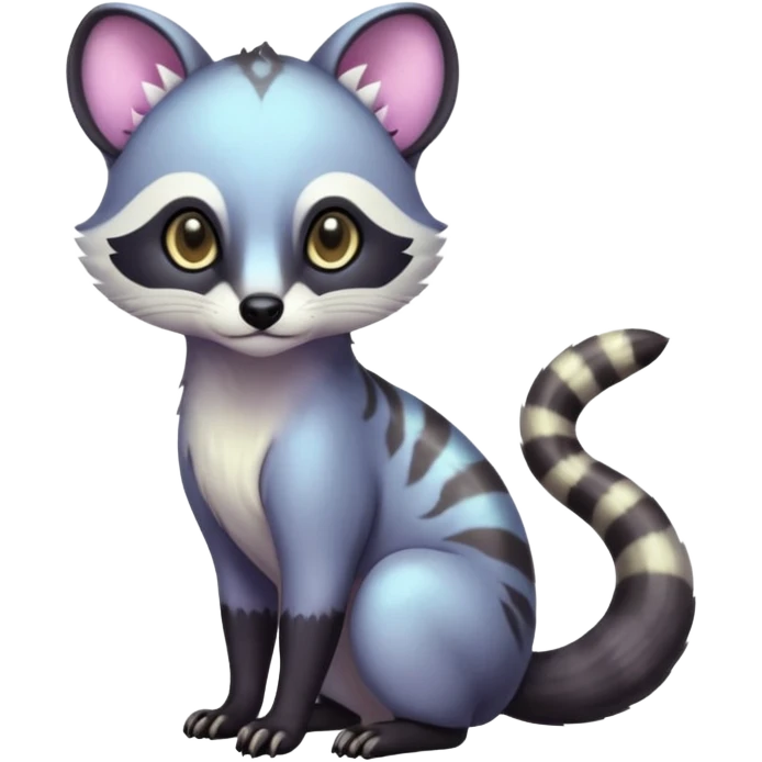 Colorful dark tropical iridescent pastel white glorious divine exotic cute cool beautiful shiny beautiful fantasy-civet-vernid-Cacomistle-Trico-oncilla-animal-Fakémon-hybrid-fursona (full body) emoji