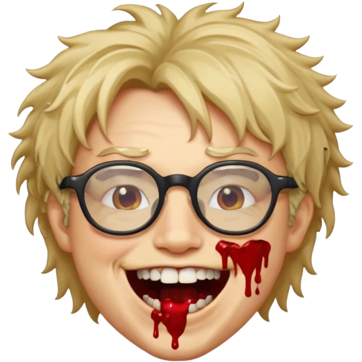 Cabelo bagunçado com oculos sorrindo com metade do rosto com dente de ouro e saindo sangue da boca  emoji