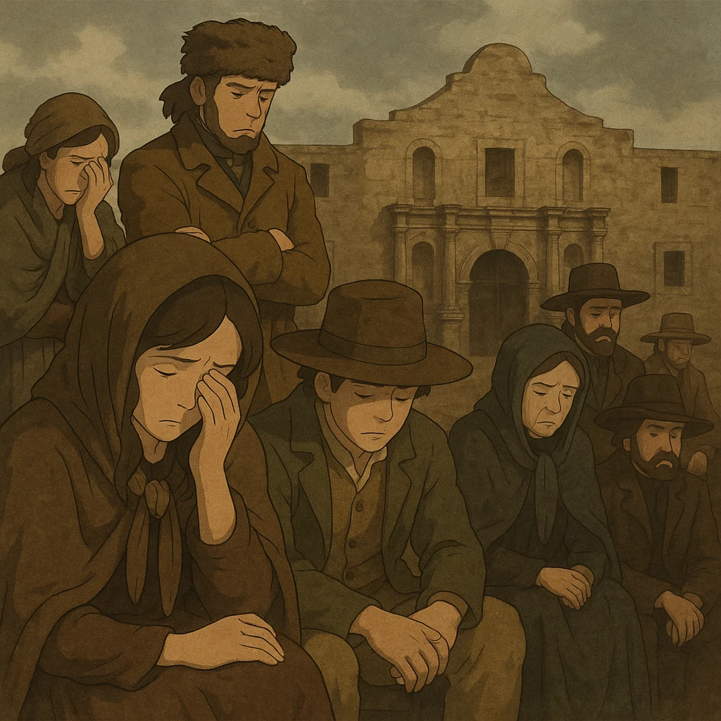 historical painting style of Texans mourning after the Alamo defeat, somber mood, muted colors emoji