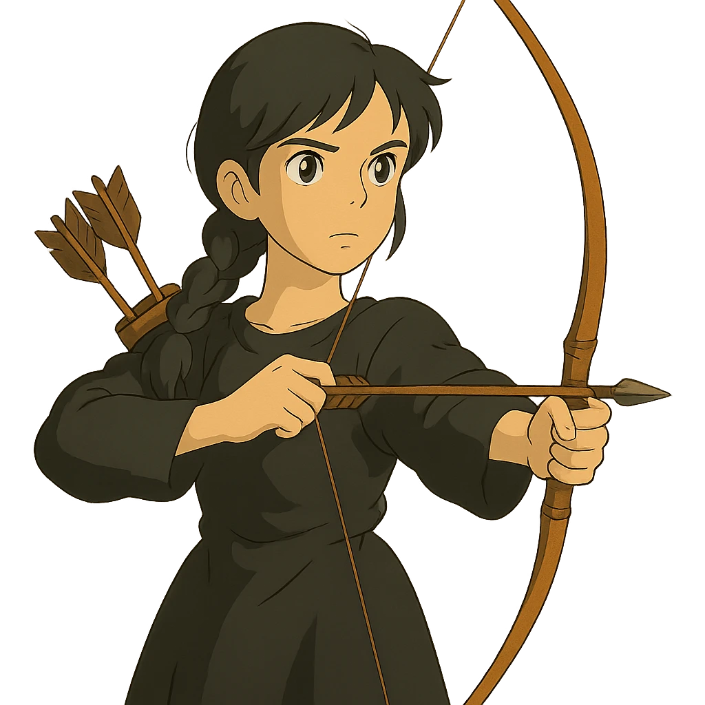 ghibli style girl with olive skin, gray eyes, black hair in a side braid, black outfit, bow and arrow emoji