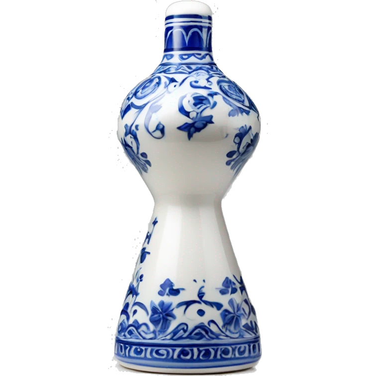The Clase Azul Tequila bottle is tall and hourglass-shaped, with a wide base that tapers towards the neck. Its white ceramic body is decorated with cobalt blue floral designs, and it’s topped with a complete gray, bell-shaped stopper that curves inward  emoji