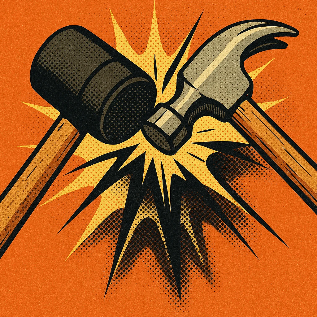 a mallet and a hammer slamming into each other from a top-down angle, dramatic impact, cartoon style emoji