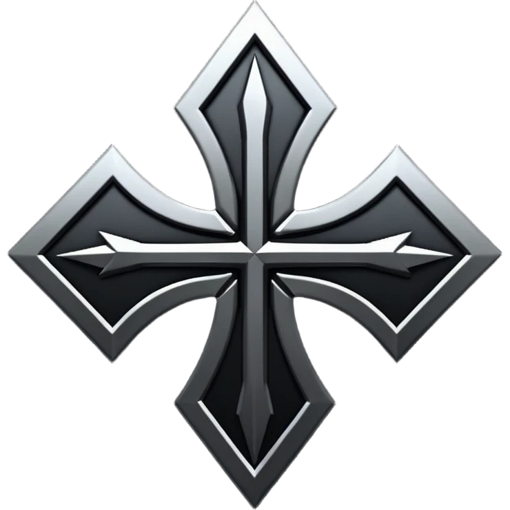 Emoji, dark futuristic cross, symmetrical geometric shape, black metal, gothic cyber aesthetic, minimal flat design, sharp edges, centered, transparent background do not use any other colors but metal and black emoji