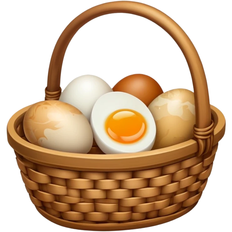Tea eggs marbled brown appearance in basket, simplified emoji style with bold outlines and bright colors, cartoon style Chinese breakfast Cha Ye Dan emoji