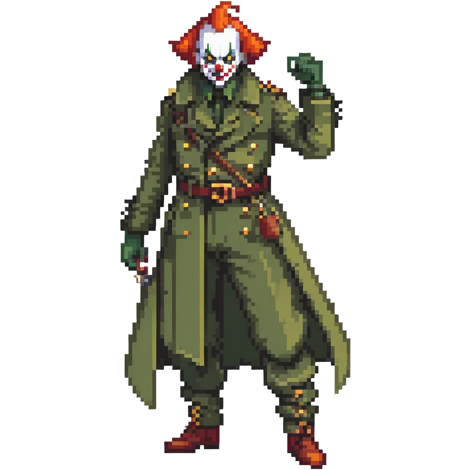 evil clown soldier, bald, small black horns on forehead, fangs, pointed ears, eye patch over one eye, long coat over black and military green clothes with bellbottom pants, tail, holding a whip, no knife, realistically proportioned, less bulky, full body, fighting stance emoji
