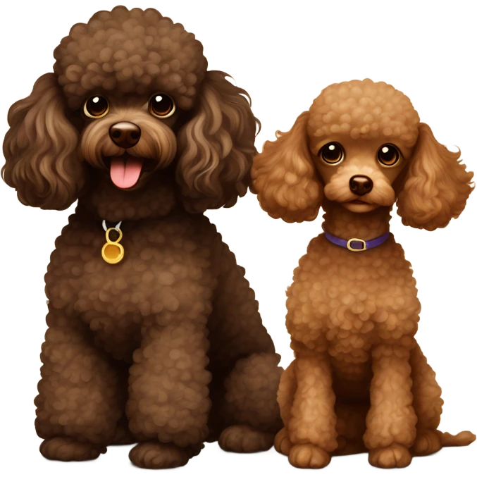 Dark brown toy poodle reputation era and a light brown toy poodle emoji