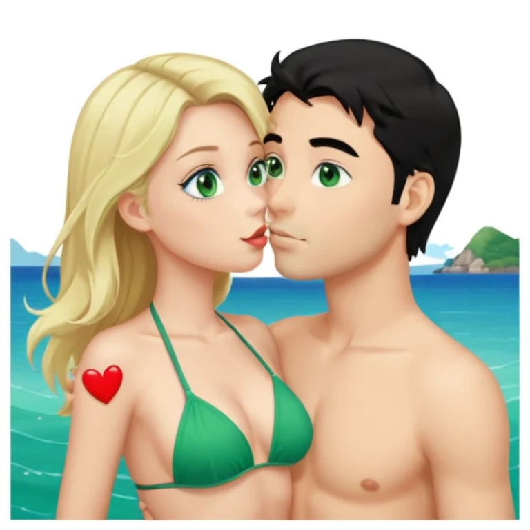 Blonde girl Green eyes Green Bikini whole body Kissing man black Hair blue eyes Hearts in Body Background sea emoji