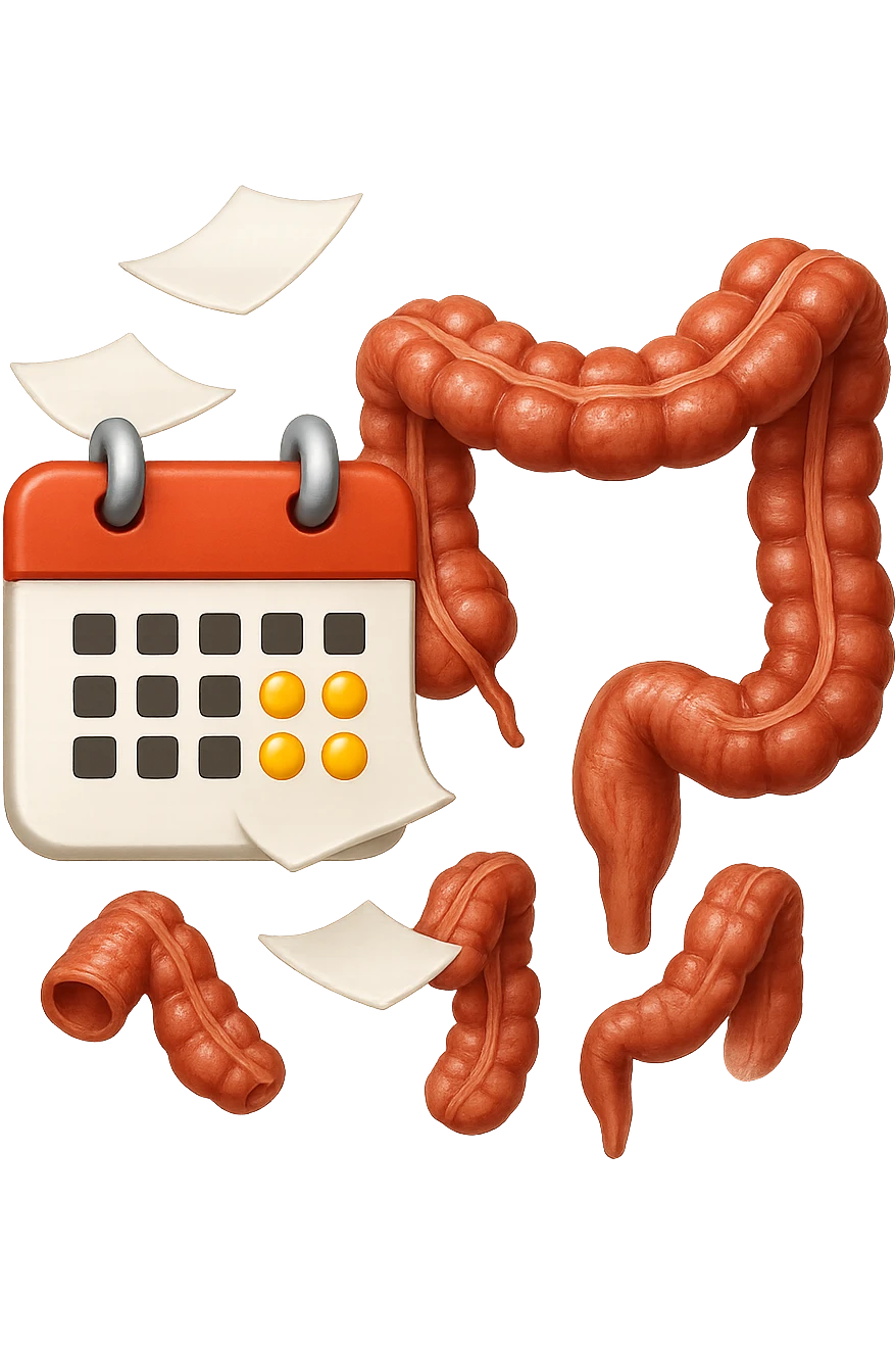 emoji stile iphone di un calendario con fogli che volano insieme a pezzi anatomici di colon umano, iperrealistico 4k, isolato su sfondo bianco emoji