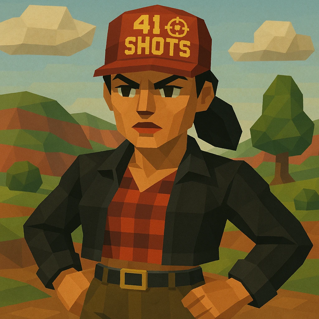 low-poly graphic of woman with angular facial features, serious confident look, red cap with '41 SHOTS' logo and target sight, black hair in ponytail, outfit with black cropped jacket, red-black checkered shirt, high-waisted pants with belt, background of soft stylized low-poly landscape, earthy colors with red and green tones, expression determined, energetic emoji