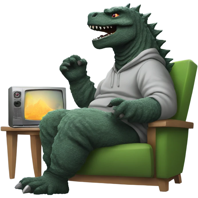 Godzilla wearing a hoody chilling watching tv emoji